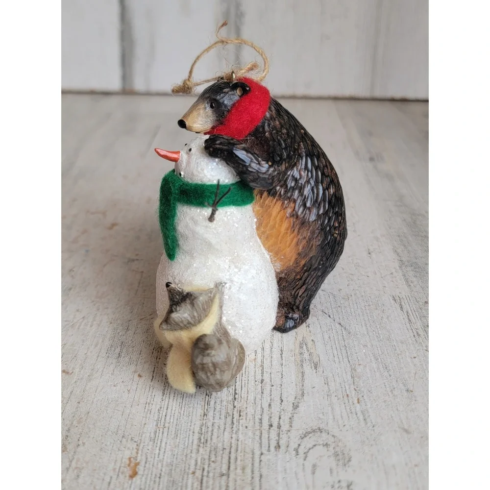 Rustic folk art Forest Friends snowman bear raccoon ornament Xmas unique